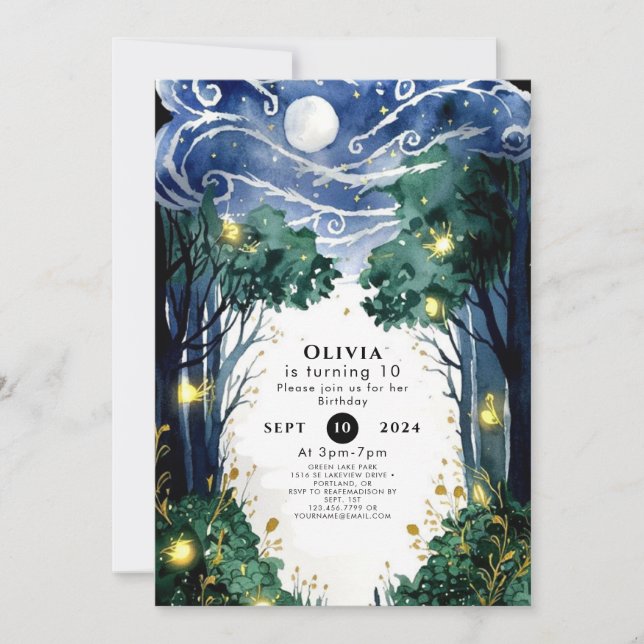Celestial Firefly Woodland Birthday Inbjudningar (Framsida)