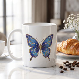 Celestial Fjärilsmugg Guld Blå Linjekonst Kaffemugg