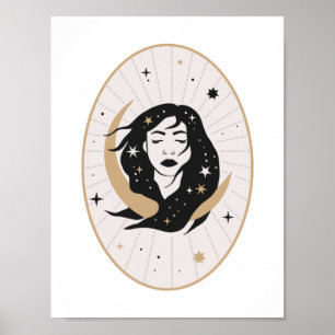 Celestial Flödande Hårgudinna Måne Mystisk Konst Poster