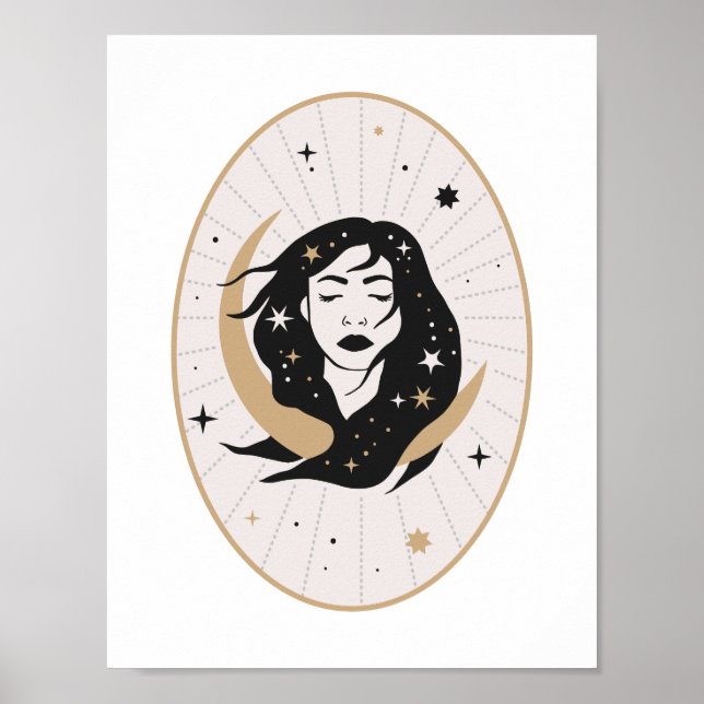 Celestial Flödande Hårgudinna Måne Mystisk Konst Poster (Framsidan)