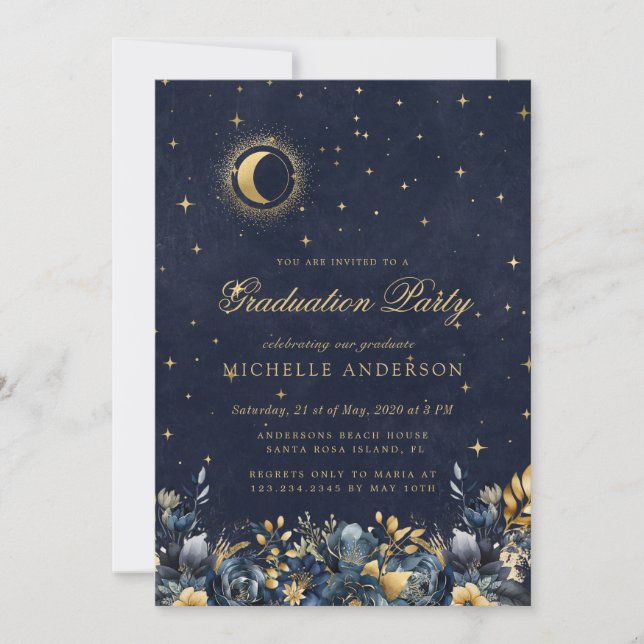 Celestial Floral Blue Stars Moon Graduation Party Inbjudningar (Framsida)