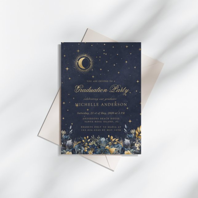 Celestial Floral Blue Stars Moon Graduation Party Inbjudningar (Skapare uppladdad)