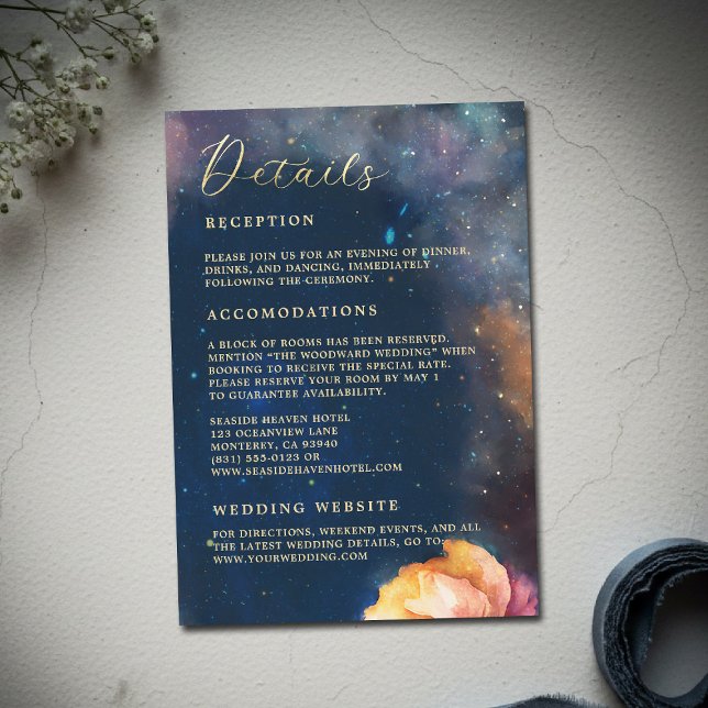 Celestial Floral Galaxy Marinblå Bröllopsdetaljer Tilläggskort (celestial floral galaxy wedding details watercolor navy blue peach pink blush elegant romantic)