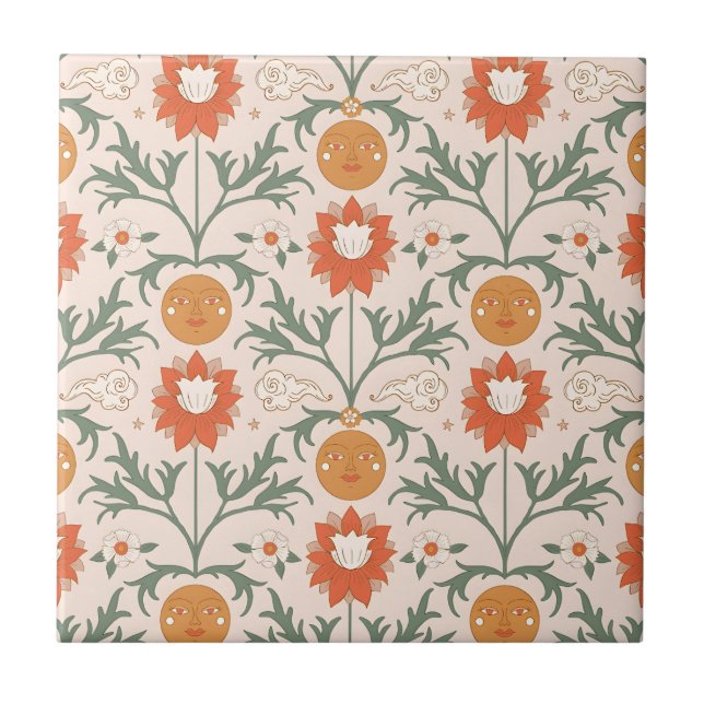 Celestial Floral Sunburst Seamless Pattern Design Kakelplatta (Framsidan)