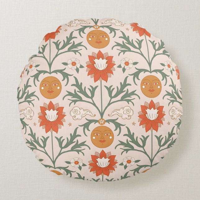 Celestial Floral Sunburst Seamless Pattern Design Rund Kudde (Framsidan)