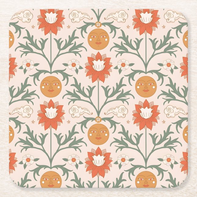 Celestial Floral Sunburst Seamless Pattern Design Underlägg Papper Kvadrat (Framsidan)