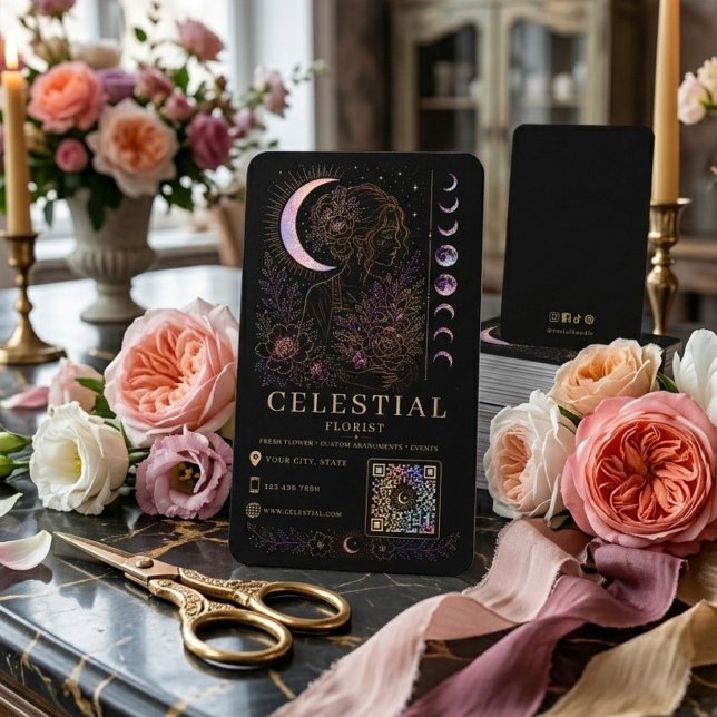 Celestial Florist Lyx Svart Guld QR Visitkort (Skapare uppladdad)