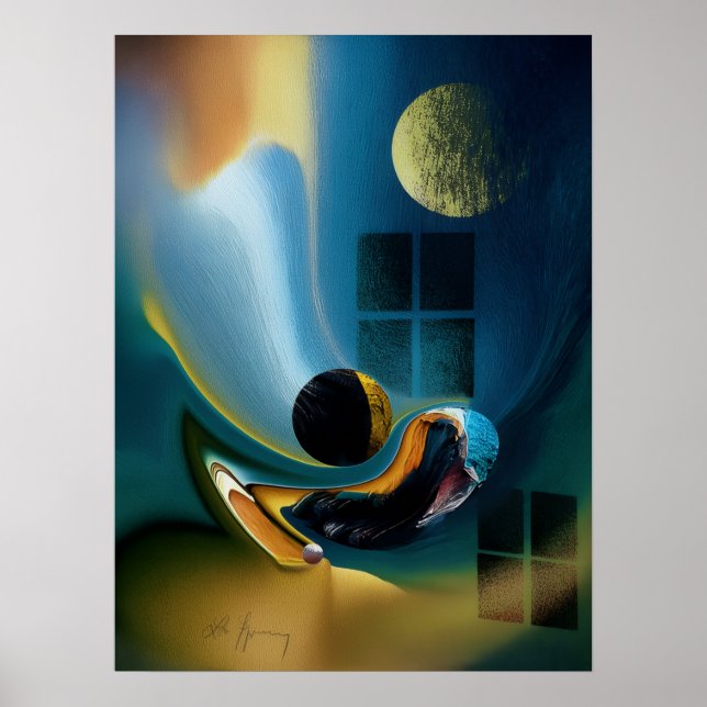 Celestial Fluid Dreams Affisch - Guld Blå Surreali (Framsidan)