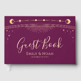 Celestial Fuchsia Guld Sol Måne Stars Bröllop Gästböcker