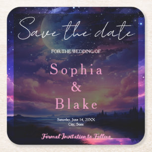 Celestial Full Moon Stars Bröllop spara datum Underlägg Papper Kvadrat