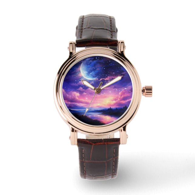 Celestial Full Moon Stars Clouds Mystical Lila Armbandsur (Framsida)