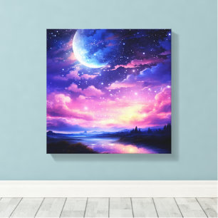 Celestial Full Moon Stars Clouds Mystical Lila Canvastryck