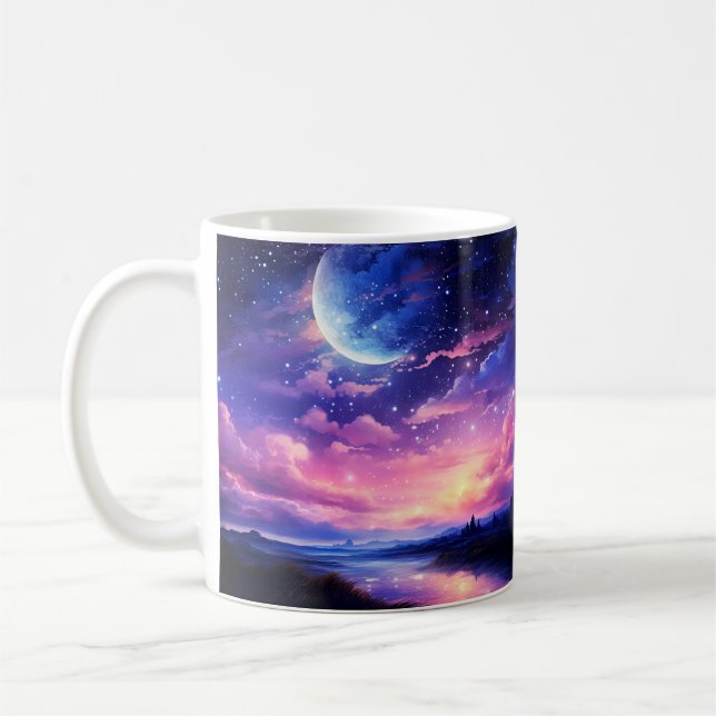Celestial Full Moon Stars Clouds Mystical Lila Kaffemugg (Vänster)