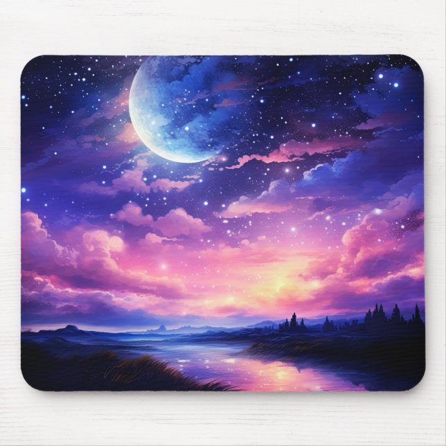 Celestial Full Moon Stars Clouds Mystical Lila Musmatta (Framsidan)