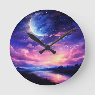 Celestial Full Moon Stars Clouds Mystical Lila Rund Klocka