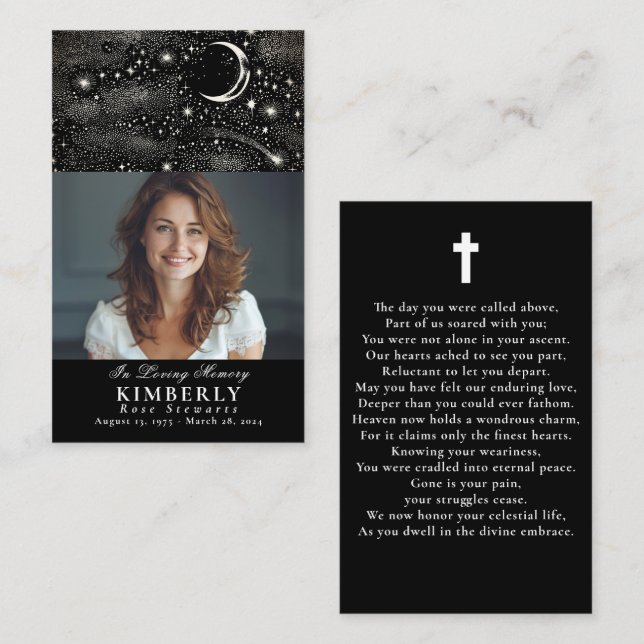 Celestial Funeral Memorial Prayer Foto Card Visitkort (Fram/baksida)