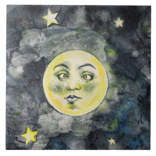 Celestial Funny Måne Stars Himlar Kakelplatta