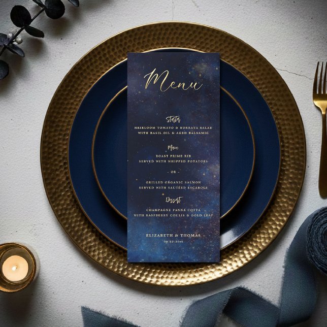 Celestial Galax Stjärnklar Natt Marinblå Bröllop Meny (celestial galaxy wedding menu watercolor navy blue starry night written in the stars)