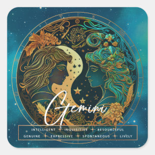 Celestial Galaxy Gemini Twillingar Fantasy Star Zo Fyrkantigt Klistermärke