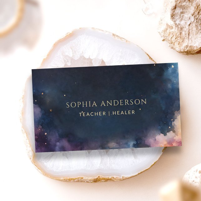 Celestial Galaxy Midnight Navy Blue Modern Chic Visitkort (elegant business card celestial cosmic galaxy yoga coach teacher well being healing tarot astrology)