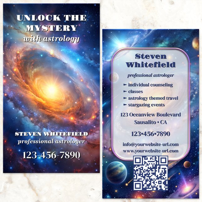 Celestial Galaxy Professionell Astrolog  Visitkort (Astrologer business card featuring a celestial illustration of the galaxies with planets and stars.)