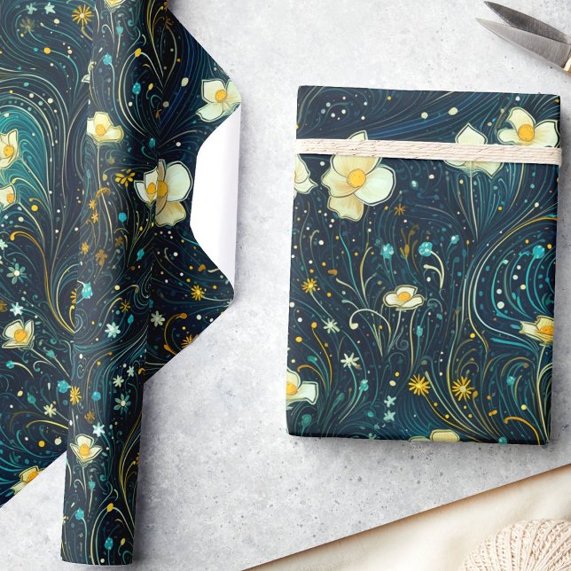 Celestial Garden Navy Blue, Guld Blommigt Decoupag Presentpapper (Skapare uppladdad)