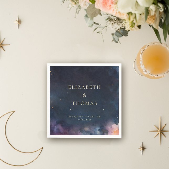 Celestial Gift Midnight Blå himmel Stars Watercolo Pappersservett (celestial personalized napkin watercolor starry night sky galaxy universe cosmic navy blue gold mood)