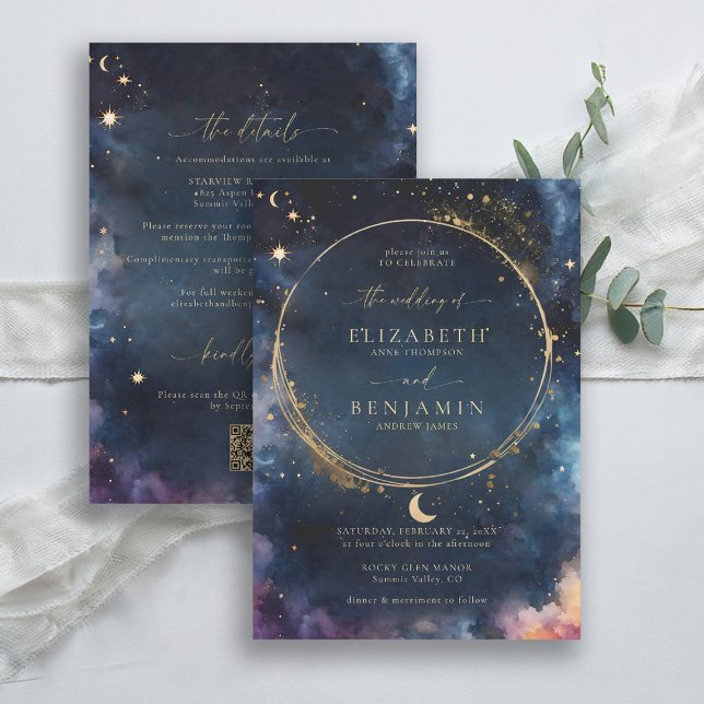 Celestial Gift Midnight Blue Alla i en Bröllop Inbjudningar (celestial wedding invitation all in one rsvp qr details watercolor starry night sky galaxy universe )