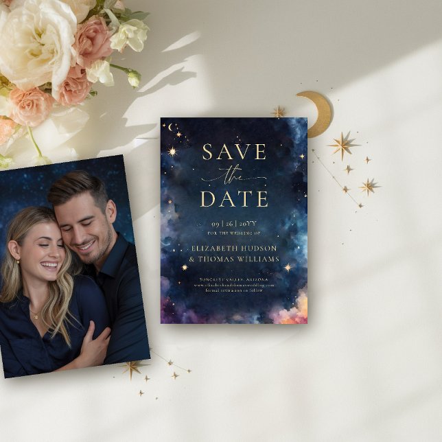 Celestial Gift Midnight Blue Bröllop spara datum Spara Datumet (celestial wedding save the date photo template watercolor starry night midnight night sky galaxy)