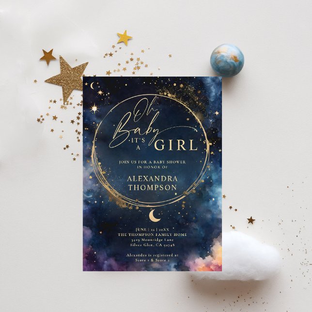 Celestial Gift Midnight Blue Elegant Baby Shower Inbjudningar (celestial baby shower invitation twinkle star moon cosmos galaxy dark navy blue gold)