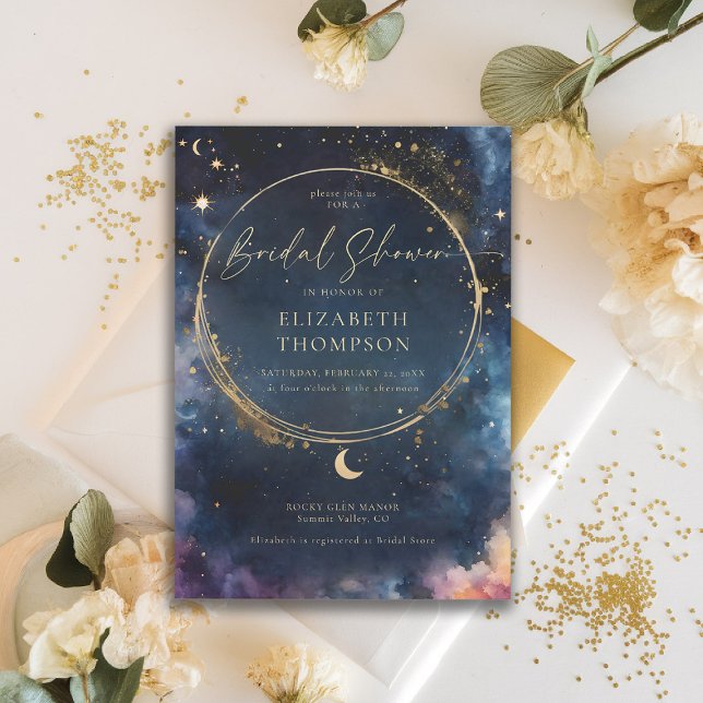 Celestial Gift Midnight Blue Elegant Möhippa Inbjudningar (celestial bridal shower invitation midnight navy blue starry night galaxy astrology universe)