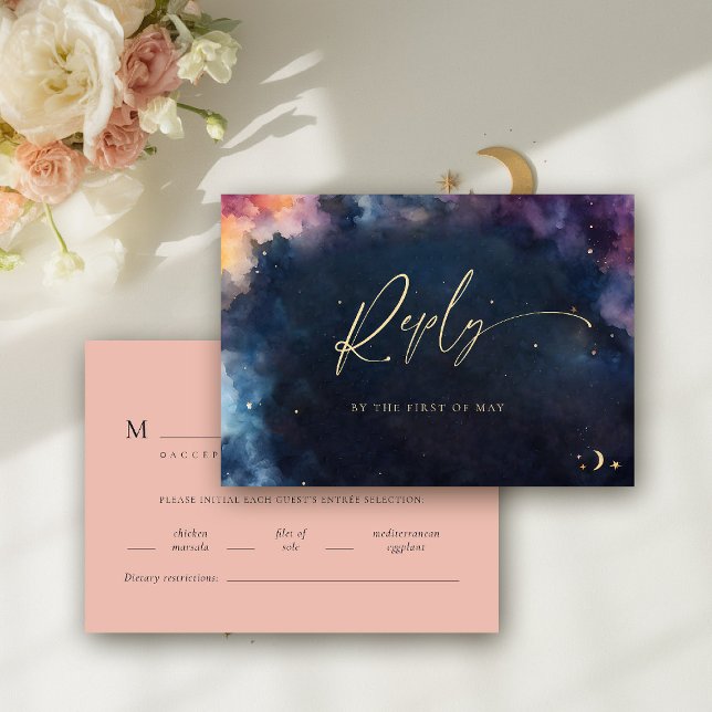 Celestial Gift Midnight Blue Meal Bröllop OSA (celestial wedding rsvp meal card cosmic watercolor starry night sky galaxy universe navy blue peach)