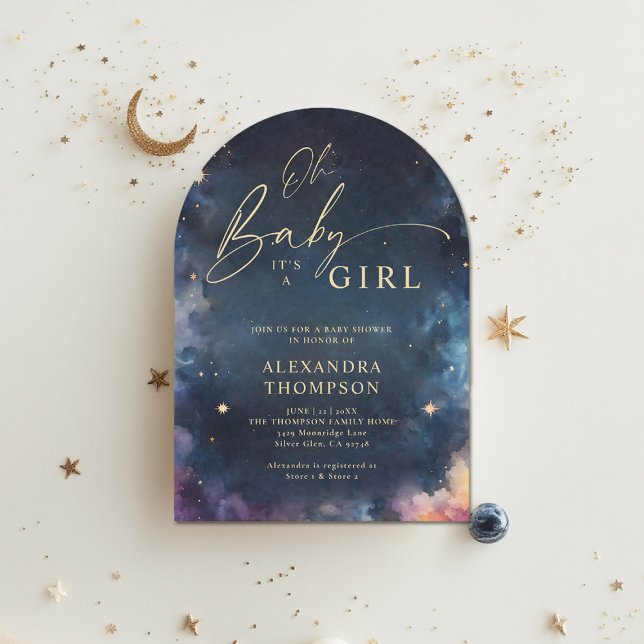Celestial Gift Midnight Blue Star Arch Baby Shower Inbjudningar (celestial baby shower invitation arch twinkle star moon cosmos galaxy dark navy blue gold planet)