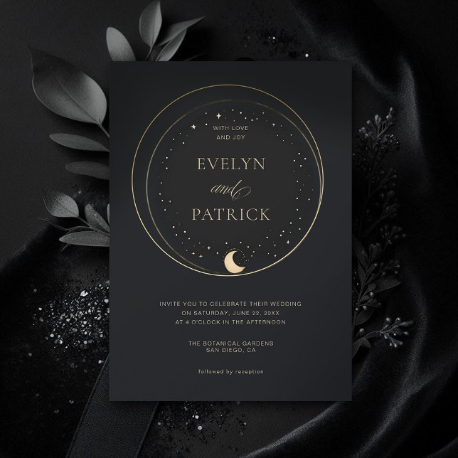 Celestial Gift Moody Navy Elegant Modern Bröllop Inbjudningar (celestial wedding invitation elegant modern frame watercolor moon stars sky moody dark)