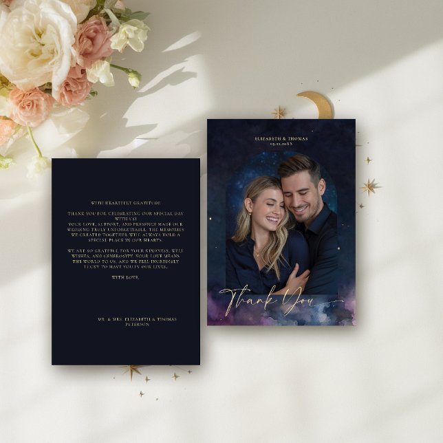 Celestial Gift Stars Cosmic Galaxy Navy Blue Photo Tack Kort (celestial thank you photo card watercolor starry night sky galaxy universe cosmic navy blue gold)