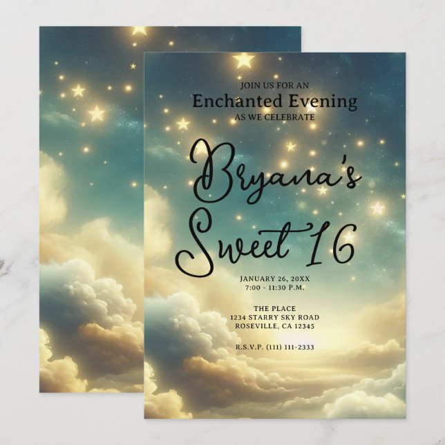 Celestial Glowing Stars Starry Himlar Sweet 16 Inbjudningar (Fram/baksida)