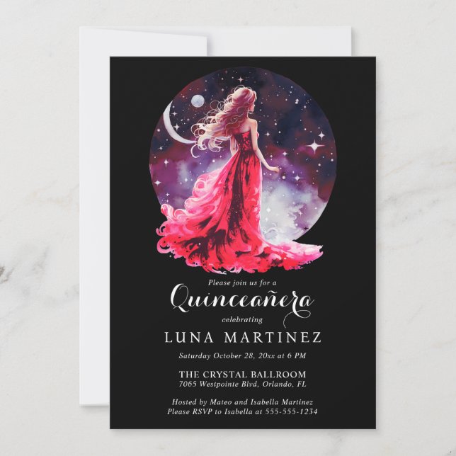 Celestial Goddess Red Dress Starry Himlar Quinceañ Inbjudningar (Framsida)