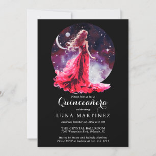 Celestial Goddess Red Dress Starry Himlar Quinceañ Inbjudningar