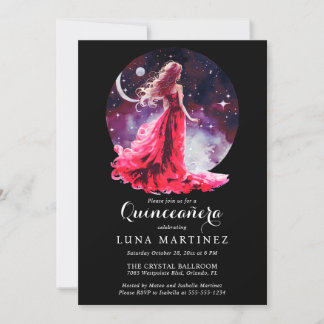 Celestial Goddess Red Dress Starry Himlar Quinceañ Inbjudningar
