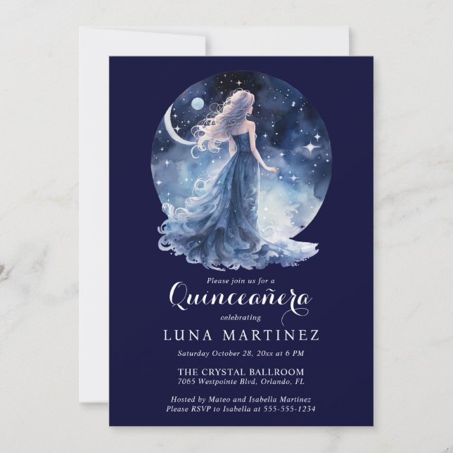Celestial Goddess Starry Night Himlar Quinceañera Inbjudningar (Framsida)