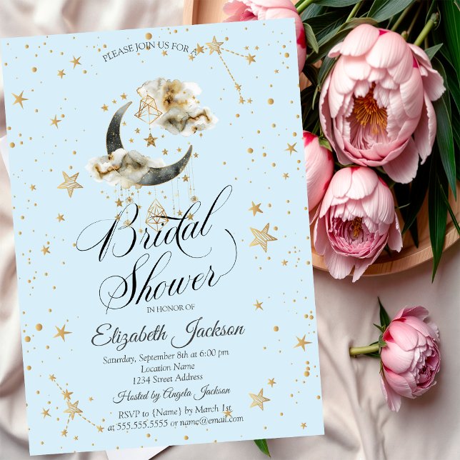 Celestial Gold Moon Stars Light Blue Inbjudningar (Skapare uppladdad)