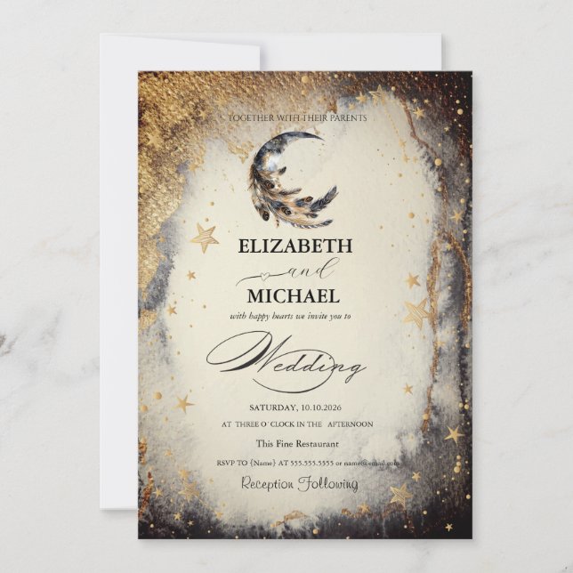 Celestial Gold Stars Moon Feather Dark Invitation Inbjudningar (Framsida)
