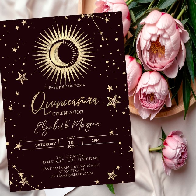 Celestial Gold Sun Moon Stars Dark Quinceanera Inbjudningar (Skapare uppladdad)