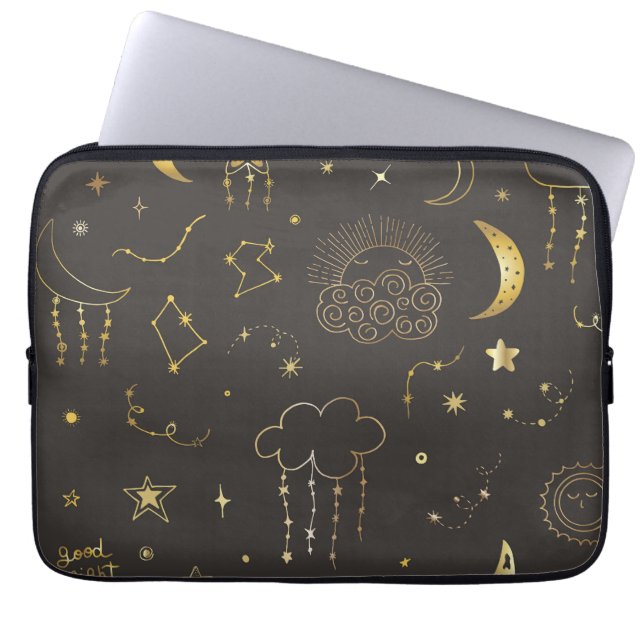 Celestial Golden Stars, Måne & Constellations Laptop Fodral (Framsidan)