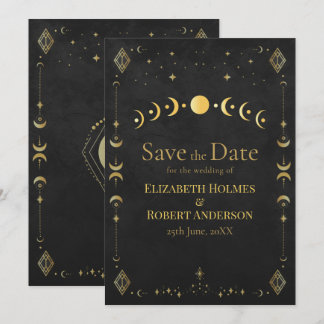 Celestial Gothic Black and Gold Save the Date Card Spara Datumet