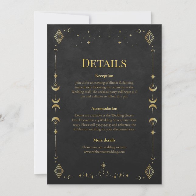 Celestial Gothic Black and Gold Wedding Details Inbjudningar (Framsida)