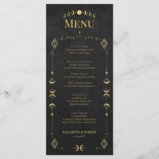 Celestial Gothic Black and Gold Wedding Menu Card Meny