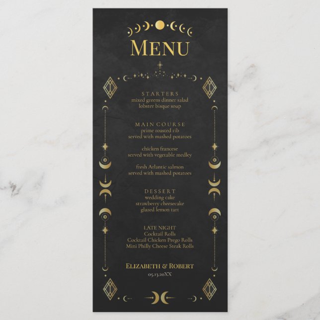 Celestial Gothic Black and Gold Wedding Menu Card Meny (Framsida)