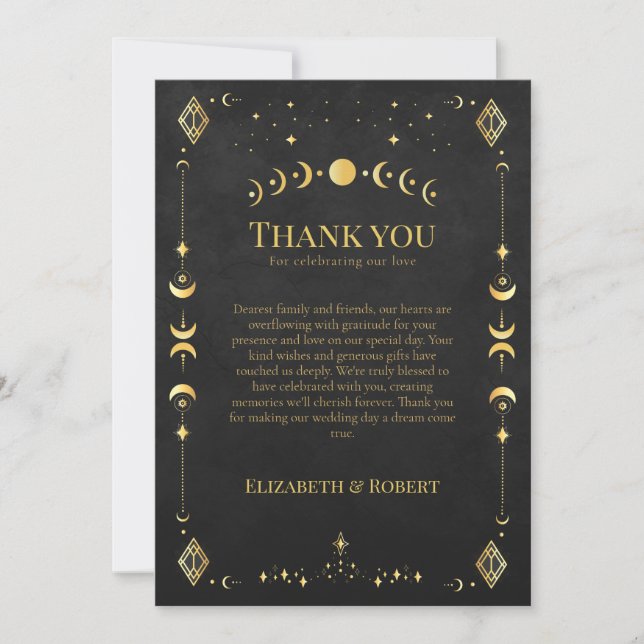 Celestial Gothic Black and Gold Wedding Thank You  Tack Kort (Framsida)