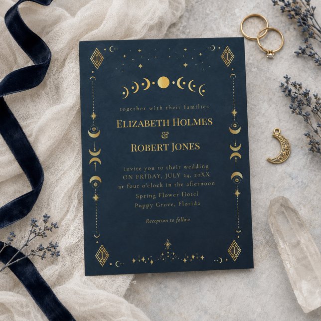 Celestial Gothic Midnattsblå Guld Bröllop Inbjudningar (Celestial Gothic Midnight Blue Gold Wedding Invitation)